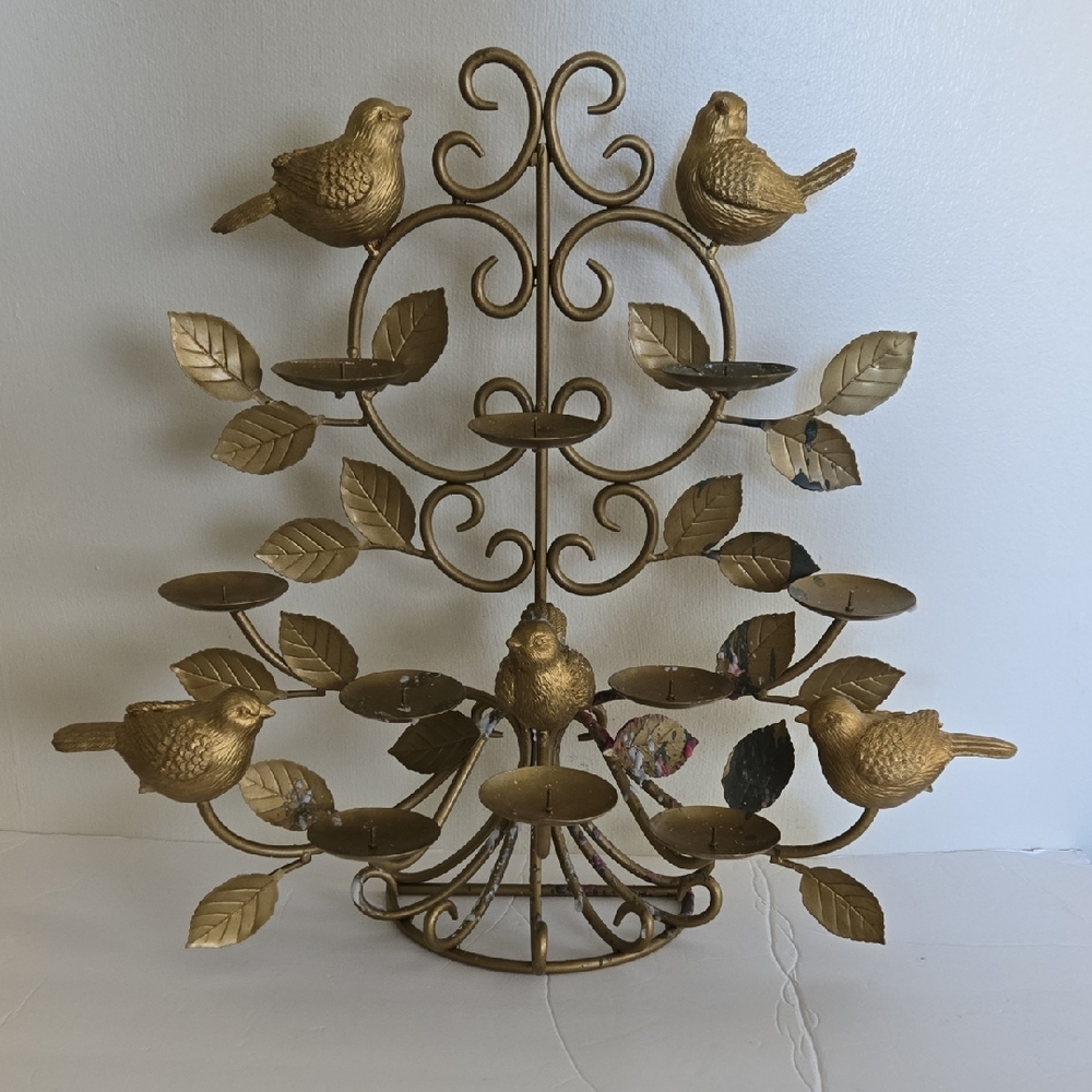 Pier 1 Vintage Gold Metal "Partridge In A Pear" Tree 10 Candle Holder